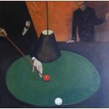 CLARE D’ARCY, 2002, A LARGE OIL ON CANVAS Billiard players, pine framed. (112cm x 113cm)
