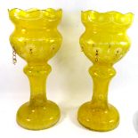 A PAIR OF VICTORIAN YELLOW GLASS LUSTRES Having overlaid yellow glass cut with clear glass stars and