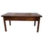 A 19TH CENTURY FRENCH ELM EXTENDING DINING TABLE With a single drawer, raised on square chamfered