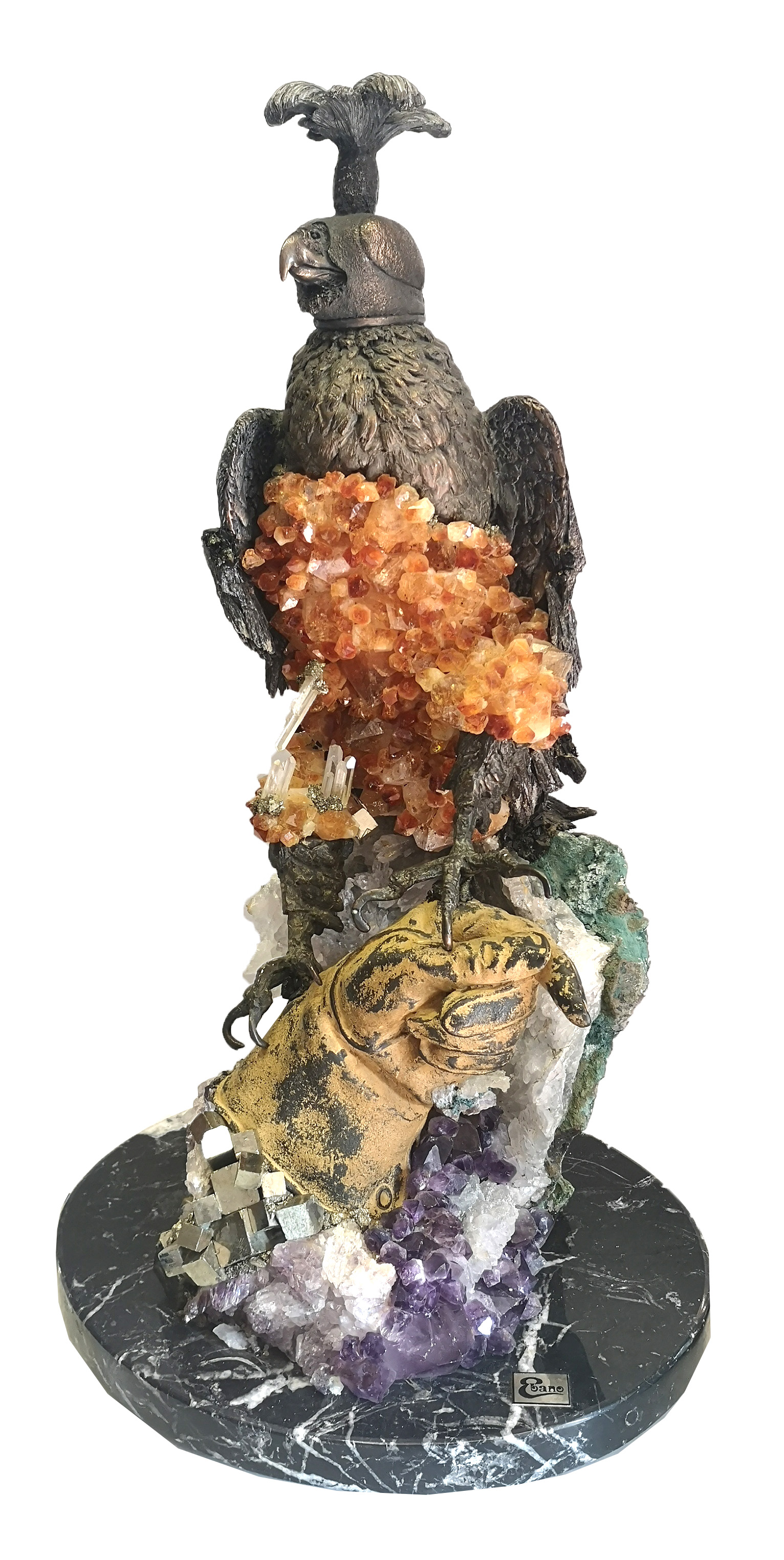 EBANO, A 20TH CENTURY BRONZE STATUE, HOODED HAWK Seated on a crystal rock amethyst, quartz and fools