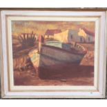 A 20TH CENTURY CONTINENTAL SCHOOL OIL ON CANVAS Beached boat with fishermen’s cottages beyond,