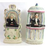 A PAIR OF 19TH CENTURY ECCLESIASTICAL STAFFORDSHIRE FLATBACK FIGURES Modelled as Preachers Wesley
