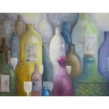 A 20TH CENTURY OIL ON CANVAS Still life, close up details of wine bottles. (approx 100cm x 80cm)