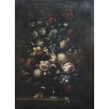 A LARGE 17TH CENTURY DUTCH OIL ON CANVAS Still life, flowers in a glass vase on a shelf, in a carved