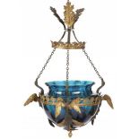 AN EARLY 19TH CENTURY RUSSIAN NEOCLASSICAL COBALT BLUE GLASS AND BRONE LANTERN With three gilt and