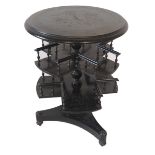 A VICTORIAN EBONISED BOOK TABLE The circular top on a single column with revolving spindle galleried