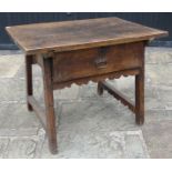 A 19TH CENTURY FRENCH PREPARATION TABLE The single plank top above a deep drawer, raised on stile