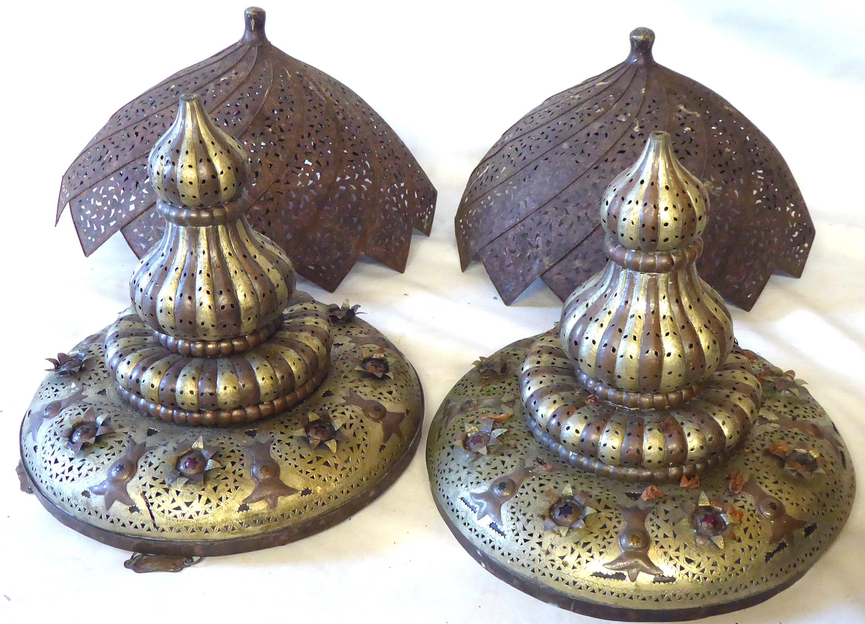 A LARGE PAIR OF EARLY 20TH CENTURY MOORISH COPPER LIGHT SHADES Inset with semiprecious stones. (63cm