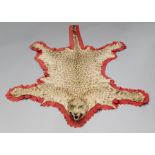 A LATE 19THEARLY 20TH CENTURY TAXIDERMY LEOPARD SKIN RUG WITH MOUNTED HEAD. (l 224cm x w 158cm)