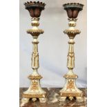 A PAIR OF DECORATIVE 18TH CENTURY ITALIAN CARVED, GILTWOOD AND PAINTED PRICKET/CANDLESTICKS WITH