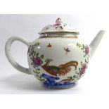 AN 18TH CENTURY CHINESE FAMILLE ROSE PORCELAIN GLOBULAR TEAPOT With hexagonal lid and hand painted