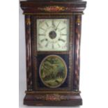 A 19TH CENTURY AMERICAN WALL CLOCK Hand painted case with floral swags, the door bearing a winter