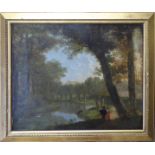 A LATE 18TH/EARLY 19TH CENTURY OIL ON CANVAS Landscape, two figures wearing Tudor attire near a