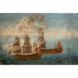 AN EARLY 18TH CENTURY OIL ON CANVAS Italian and ottoman, naval battles ships in the sea of