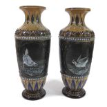 FLORENCE BARLOW FOR DOULTON LAMBETH, 1878, A PAIR OF STONEWARE VASES Decorated with pate-sur-pate