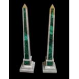 A PAIR OF ITALIAN MARBLE OBELISK Tapering form with malachite inlay over a stepped base. (h 39cm)