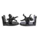 AFTER AUGUSTE MOREAU, 1834 - 1917, TWO BRONZE AND MARBLE FIGURAL BOOKENDS Winged cherubs with