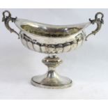 A 19TH CONTINENTAL SILVER TAZZA DISH Twin swan neck handles, oval form with flutes, inscribed to