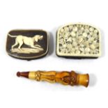 A 19TH CENTURY IVORY SILK AND LEATHER PURSE Figured with a hound, along with another finely carved