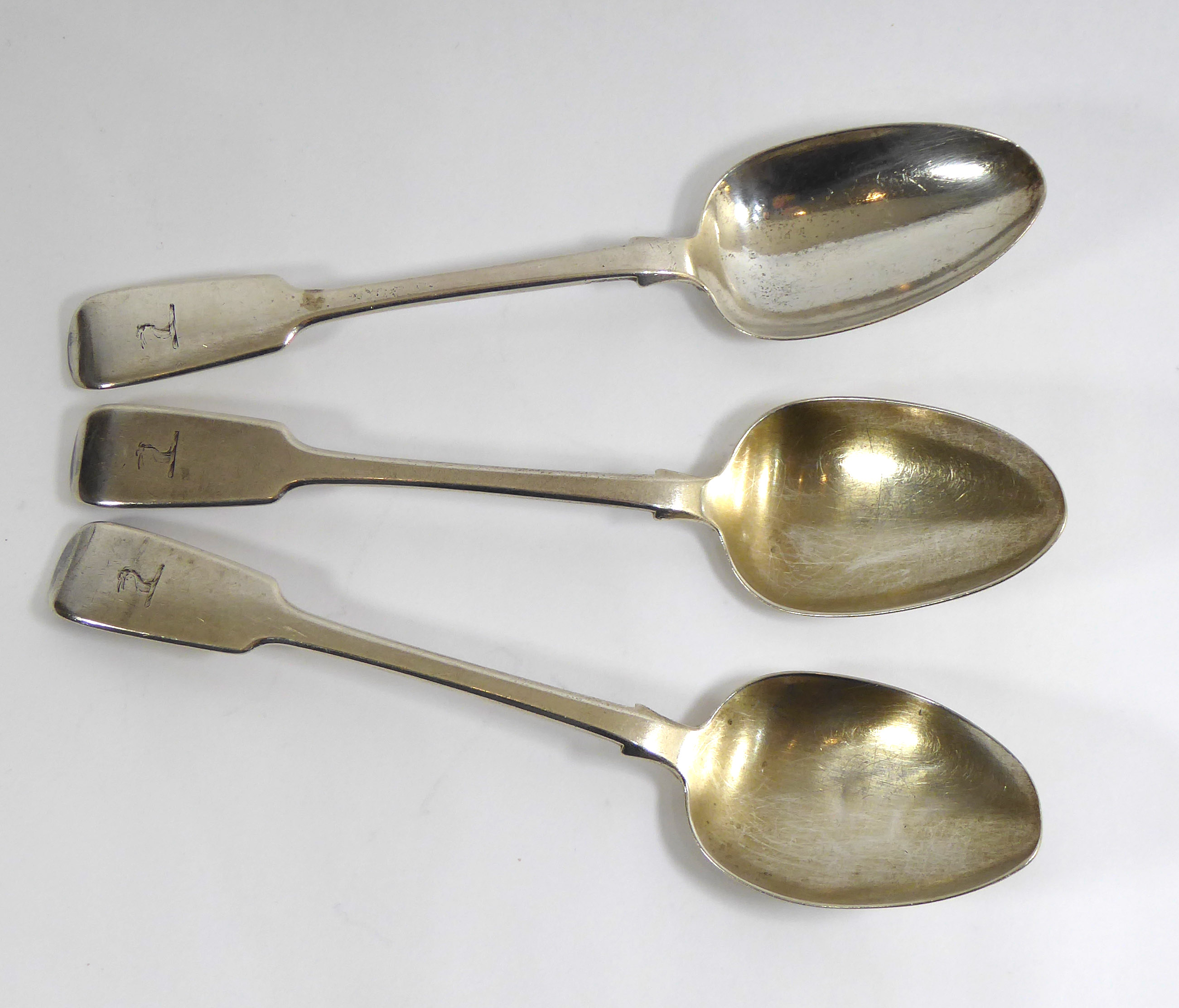 A COLLECTION OF THREE VICTORIAN IRISH SILVER TABLESPOONS Fiddle pattern, hallmarked? Philip