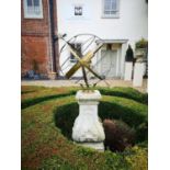 A GARDEN BRASS ARMILLARY SUNDIAL ON STONE PLINTH. (diameter 74cm x h 183cm)