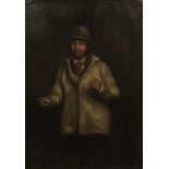 A 19TH CENTURY OIL ON CANVAS, PORTRAIT OF A SHEPHERD In a white coat holding a clay pipe, gilt