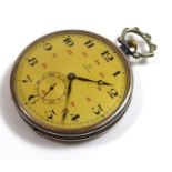 OMEGA WATCH COMPANY, AN EARLY 20TH CENTURY GUNMETAL GENT?S POCKET WATCH Gold tone dial with red
