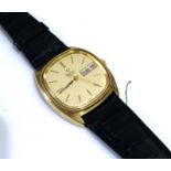 OMEGA, A VINTAGE GOLD PLATED GENT?S WRISTWATCH The square gold tone dial with gilt number markings