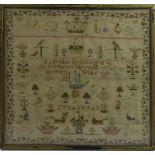 AN EARLY 19TH CENTURY WOOL SAMPLER Hand sewn with a galleon ship, birds and animals and the
