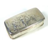 NATHANIEL MILLS, AN EARLY VICTORIAN SILVER RECTANGULAR SNUFF BOX With embossed tavern scene to