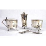 AN EDWARDIAN SILVER CRUET SET Geometric form with three matching salt spoons, hallmarked Birmingham,