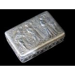 AN EARLY 20TH CENTURY GERMAN IMPORT SILVER FIGURAL SNUFF BOX Embossed with a Medieval garden