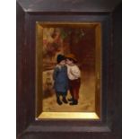 AN EARLY 20TH CENTURY CHRYSTOLEUM Featuring two children in a courtyard, oak framed. (approx 17cm