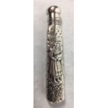 A 19TH CENTURY STERLING SILVER CYLINDRICAL SCENT BOTTLE With raised figural decoration. (approx