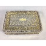 A 19TH CENTURY GILT WHITE METAL RECTANGULAR SNUFF BOX With engraved scrolled decoration and gilt