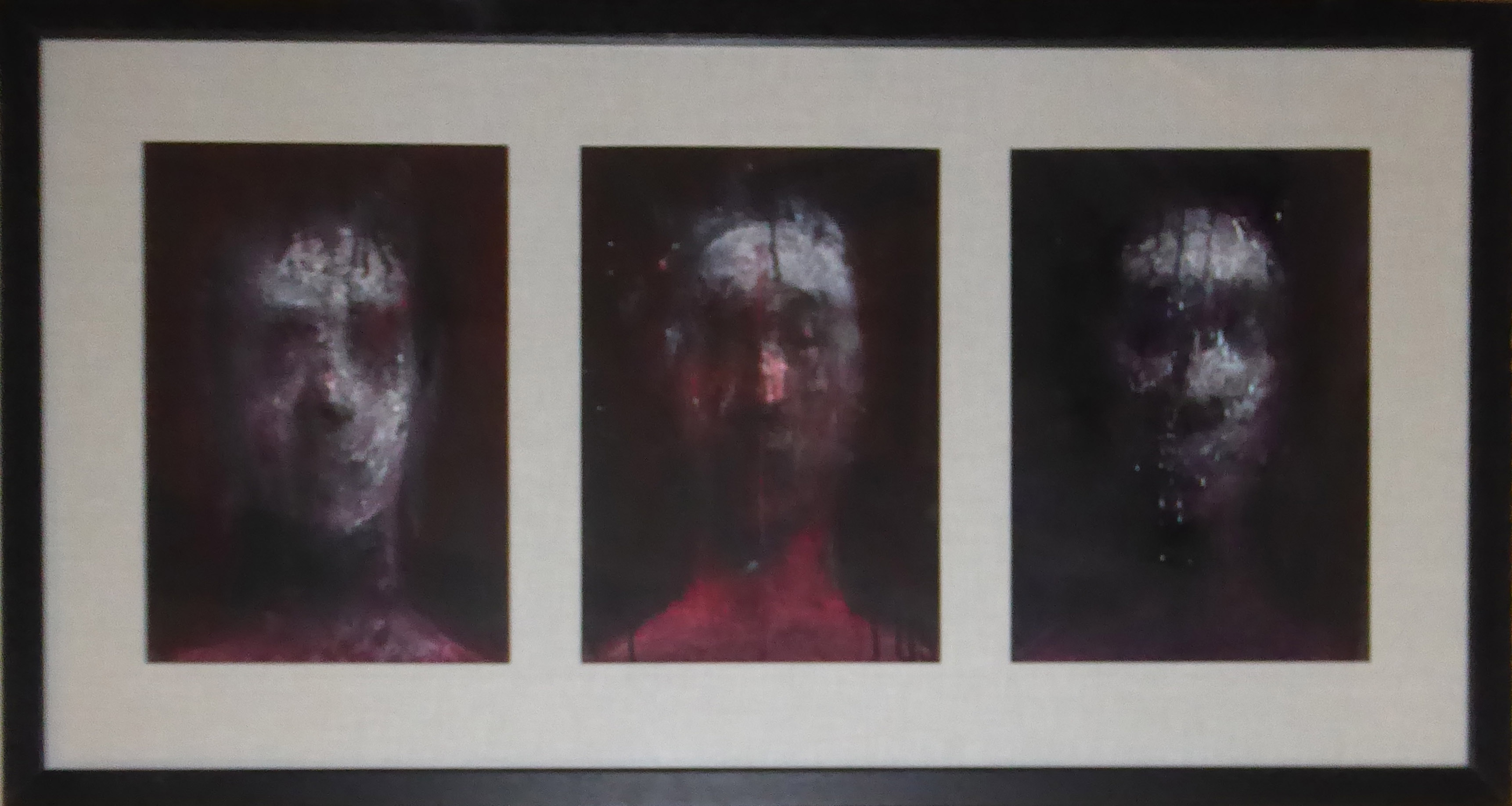 ROBERT CLATWORTHY, R.A., 1928 - 2015, ACRYLIC AND PASTEL, Triptych portraits mounted and framed as - Image 2 of 3