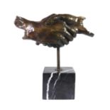ARTIST UNKNOWN, BRONZE Titled 'Clasped Hands', on marble base. (14.5cm, 35cm overall)