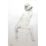 RALPH BROWN, R.A., 1928 - 2013, PENCIL AND COLOUR WASH Titled 'Female Nude Seated on a Stool, 1994',