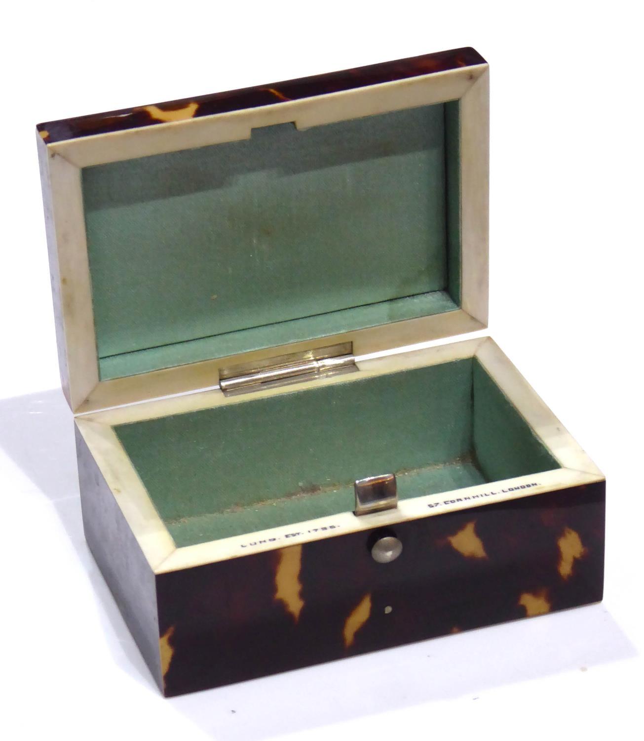 A VICTORIAN TORTOISESHELL AND IVORY BOX With sarcophagus top and blue lining. (approx 8cm x 5cm x - Image 3 of 5