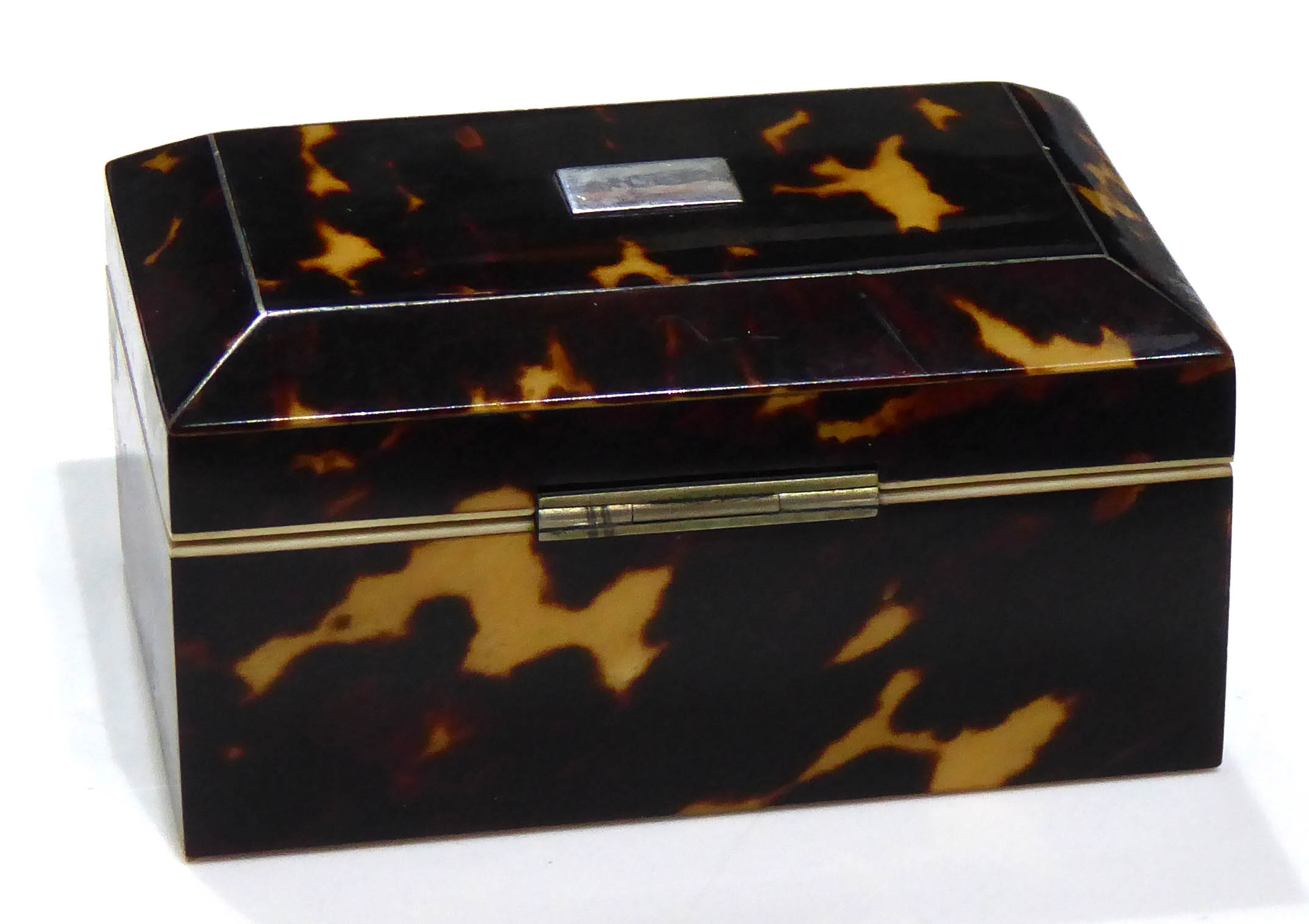 A VICTORIAN TORTOISESHELL AND IVORY BOX With sarcophagus top and blue lining. (approx 8cm x 5cm x - Image 5 of 5