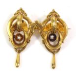 A 19TH CENTURY ETRUSCAN DESIGN YELLOW METAL AND SEED PEARL BROOCH With a single seed pearl and