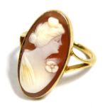 AN 18CT GOLD CAMEO RING Carved with a classical female portrait (size P).