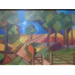 FOLLOWER OF STANTON MACDONALD WRIGHT, 1890 - 1973, OIL ON CANVAS Landscape, abstract scene,