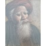 A 20TH CENTURY OIL ON PALM LEAVES LAID TO BOARD, BEARDED MIDDLE EASTERN MAN Smoking tobacco,