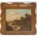 A VICTORIAN OIL ON CANVAS, LANDSCAPE Cottages by a river, unsigned, in carved gilt frame. (approx