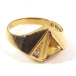 A VINTAGE SWEDISH 18CT GOLD, CITRINE AND DIAMOND RING Having a trillion cut citrine and single round