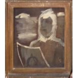 CHARLES HIGGINS, 1893 - 1980, ABSTRACT PORTRAIT Winter landscape, with hooded figure, signed lower