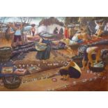 A LARGE OIL ON CANVAS, MARKET SCENE With figures and seafood, indistinctly signed lower right and