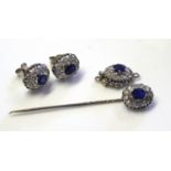 AN 18CT WHITE GOLD, DIAMOND AND SAPPHIRE EARRINGS,PIN AND NECKLACE CLASP Each piece having a