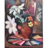 FOLLOWER OF SIR WILLIAM GEORGE GILLIES, 1898 - 1973, OIL ON BOARD Still life, red vase of flowers